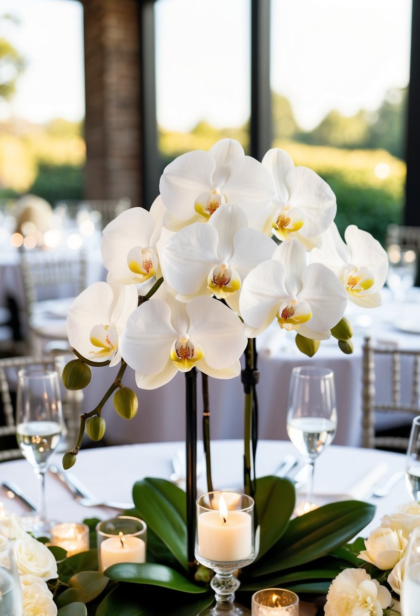 A white orchid centerpiece adorns a wedding table, exuding classic elegance