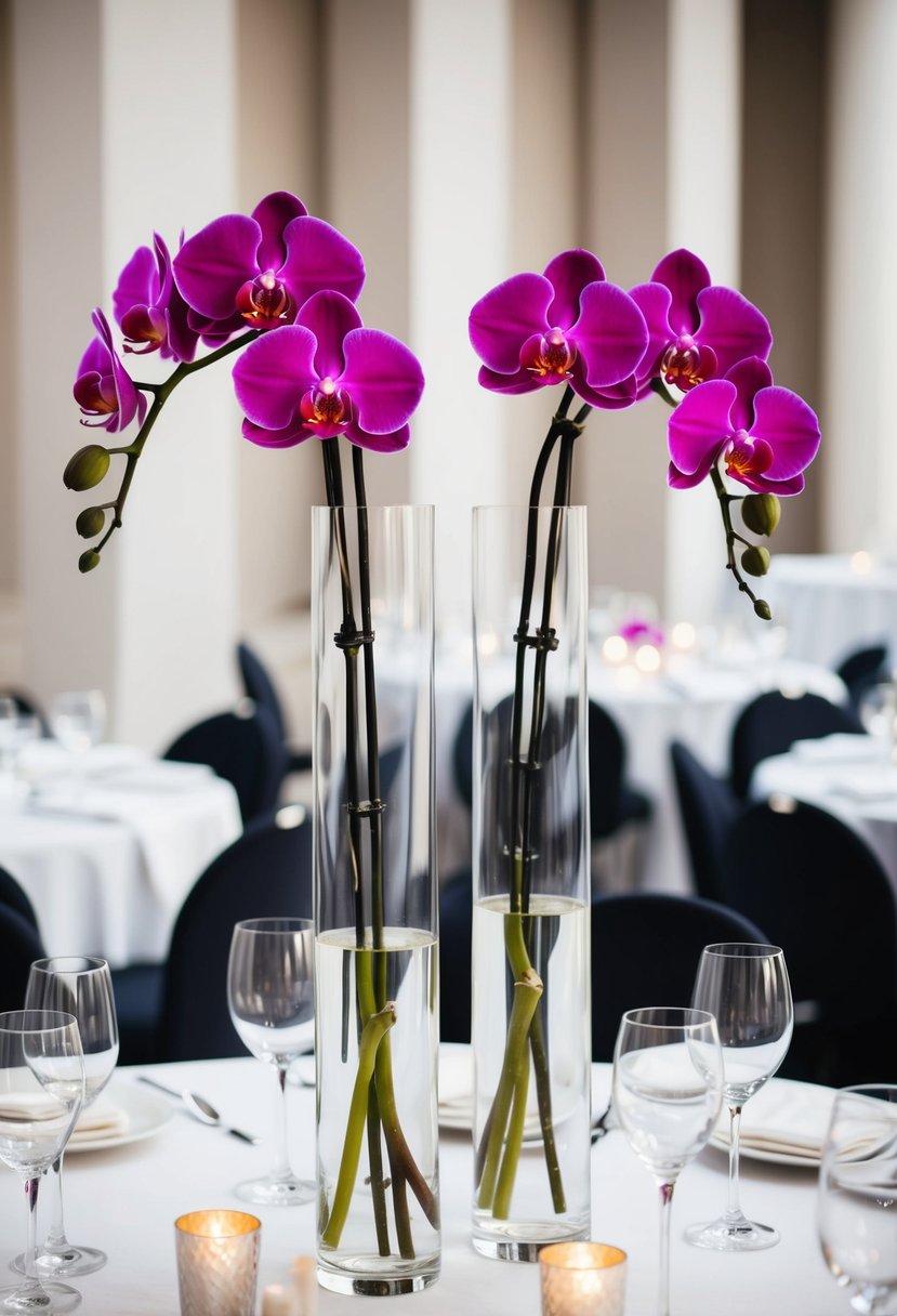 Tall, transparent vases hold vibrant orchids, adding a modern touch to the wedding table