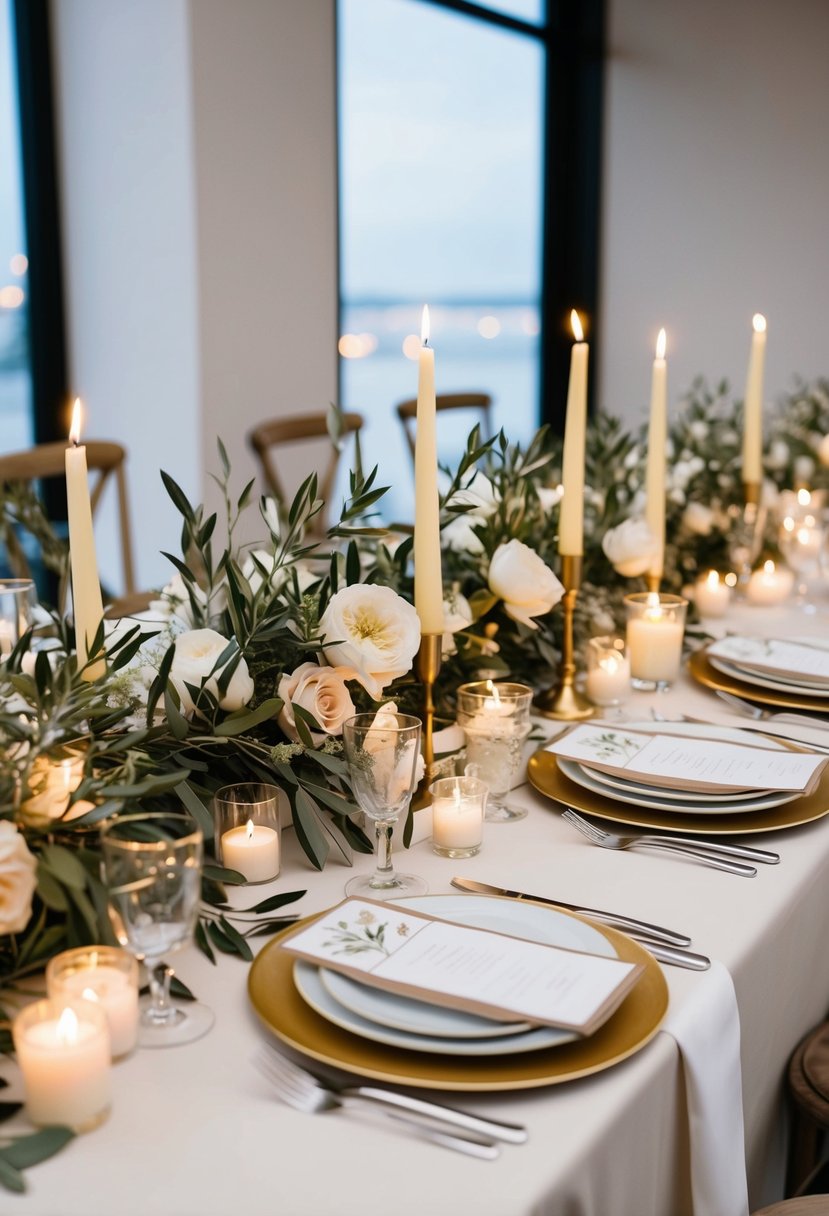 An elegant wedding table adorned with olive branches, candles, and delicate floral arrangements