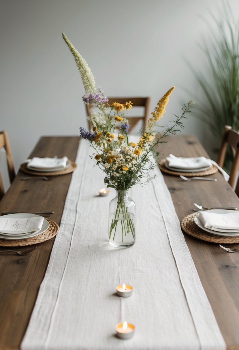 A simple linen table runner with a single vase of wildflowers and a few scattered tea lights