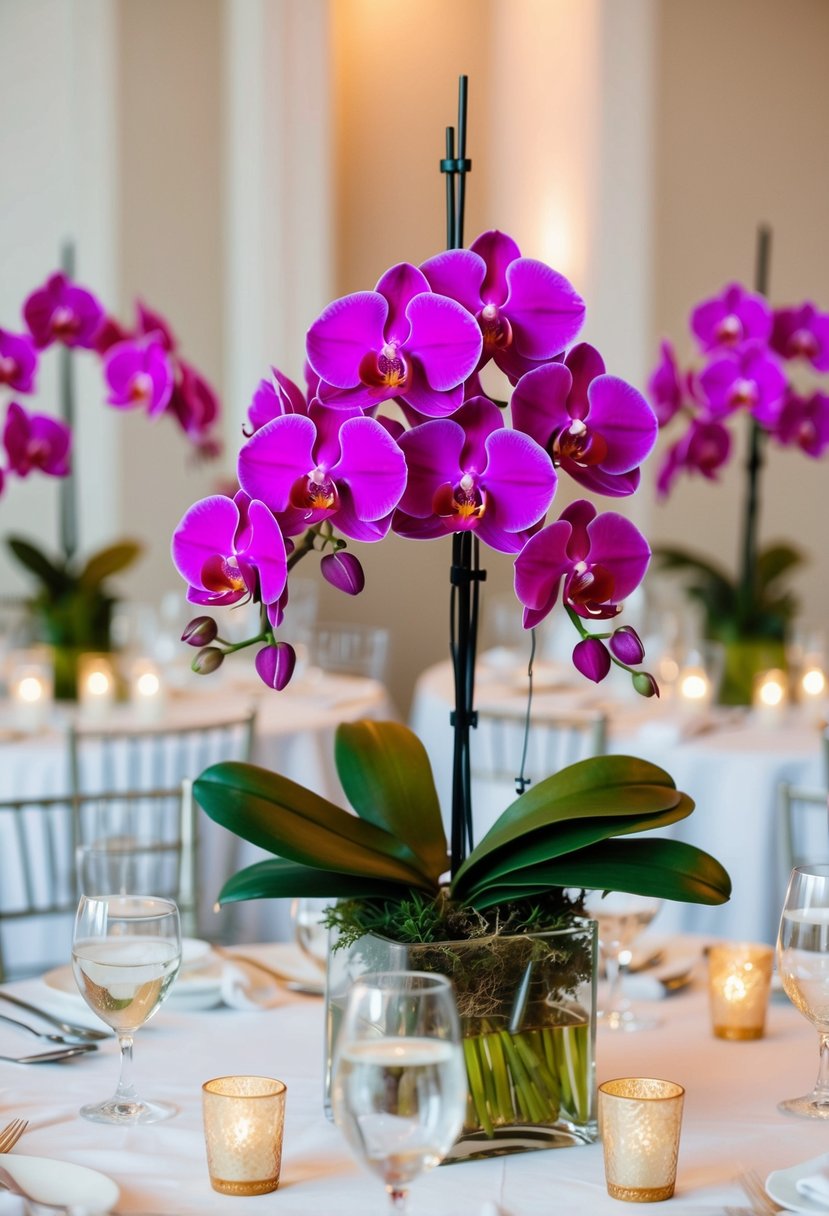 Vibrant orchids placed among elegant table settings at a wedding reception, adding a burst of color to the decor