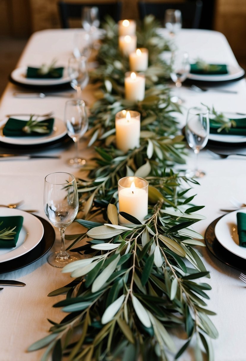 Olive branch garlands adorn wedding table runners, creating a natural and elegant decoration