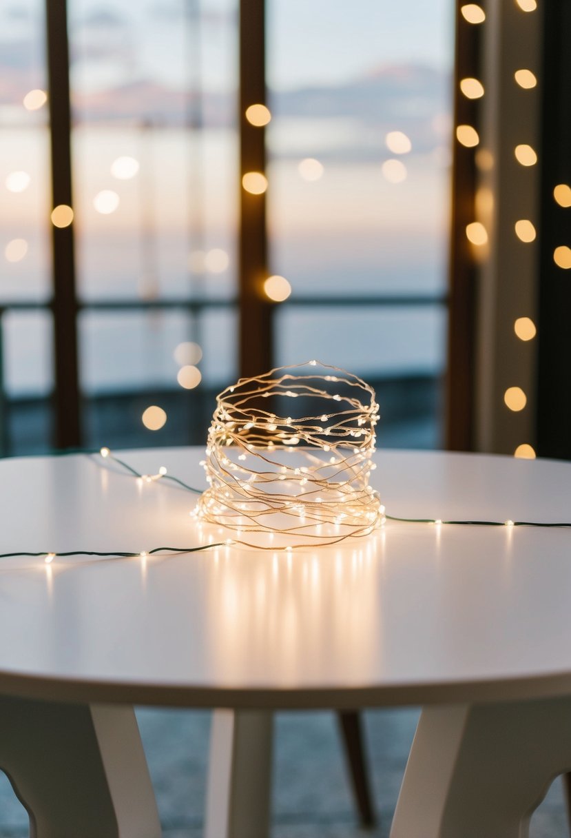 A white table with a simple string of lights wrapped around the centerpiece, casting a warm glow on the minimalist wedding decor