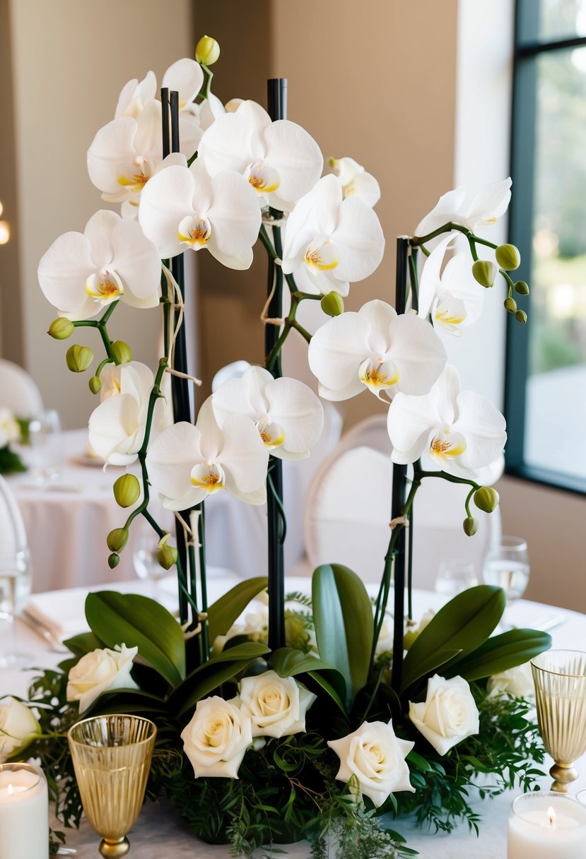 A table adorned with orchids intertwined with delicate tendrils for a whimsical wedding centerpiece