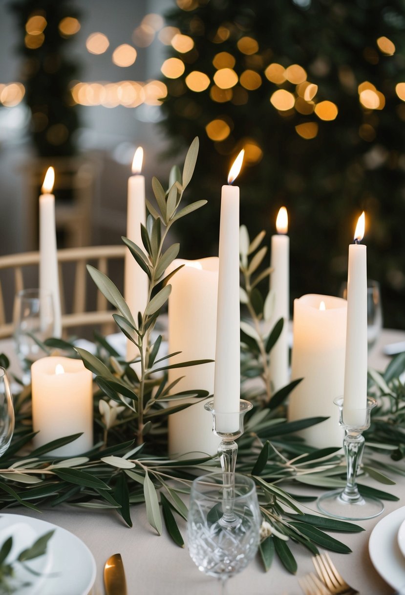 Olive branches and white candles adorn a wedding table for a simple and elegant look