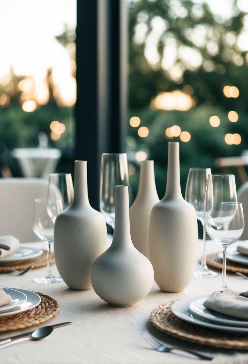 A simple table adorned with smooth ceramic vases, rough linen napkins, and sleek glass candle holders