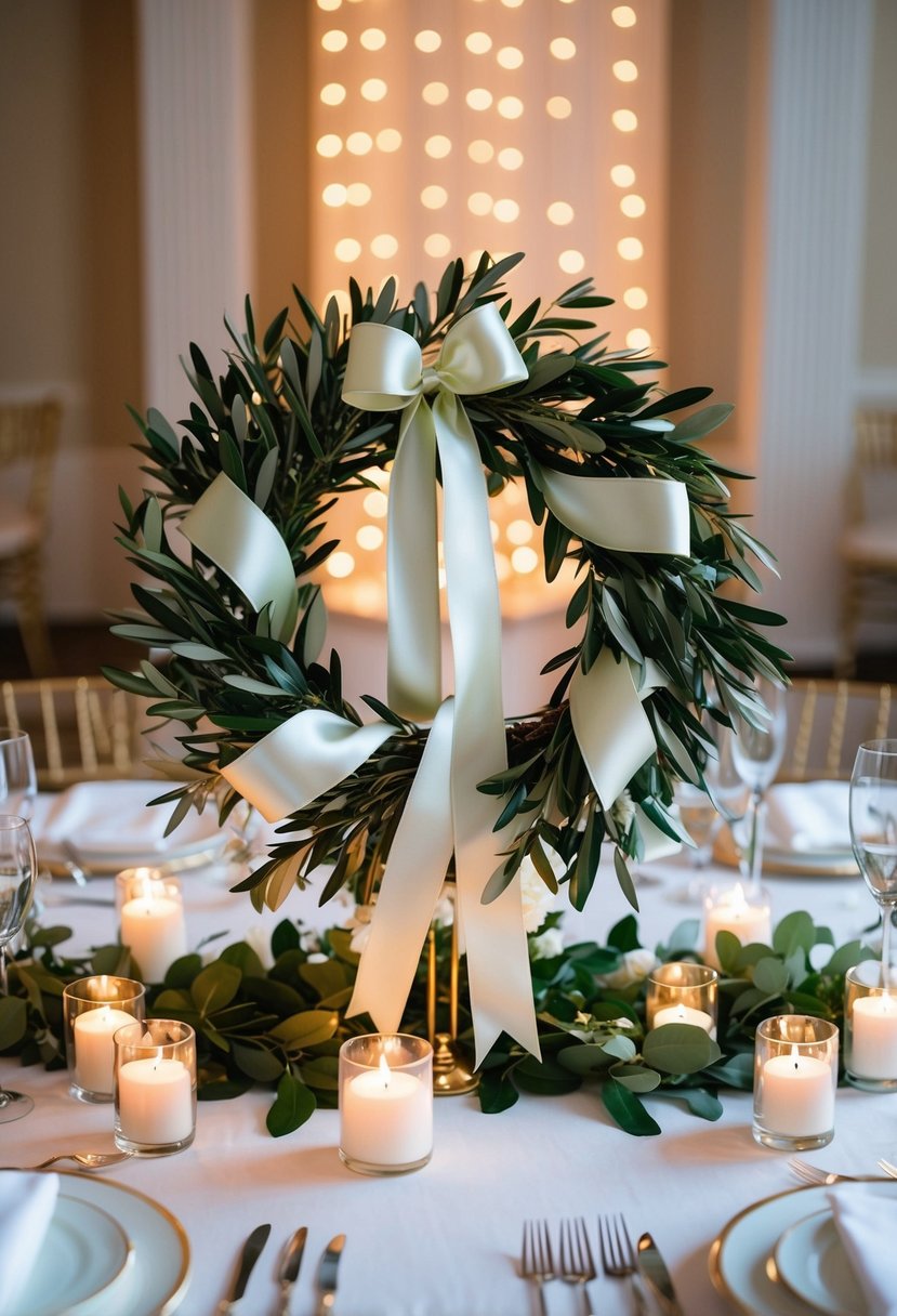 An olive wreath centerpiece with satin ribbon accents sits atop a wedding table, surrounded by elegant place settings and twinkling candlelight