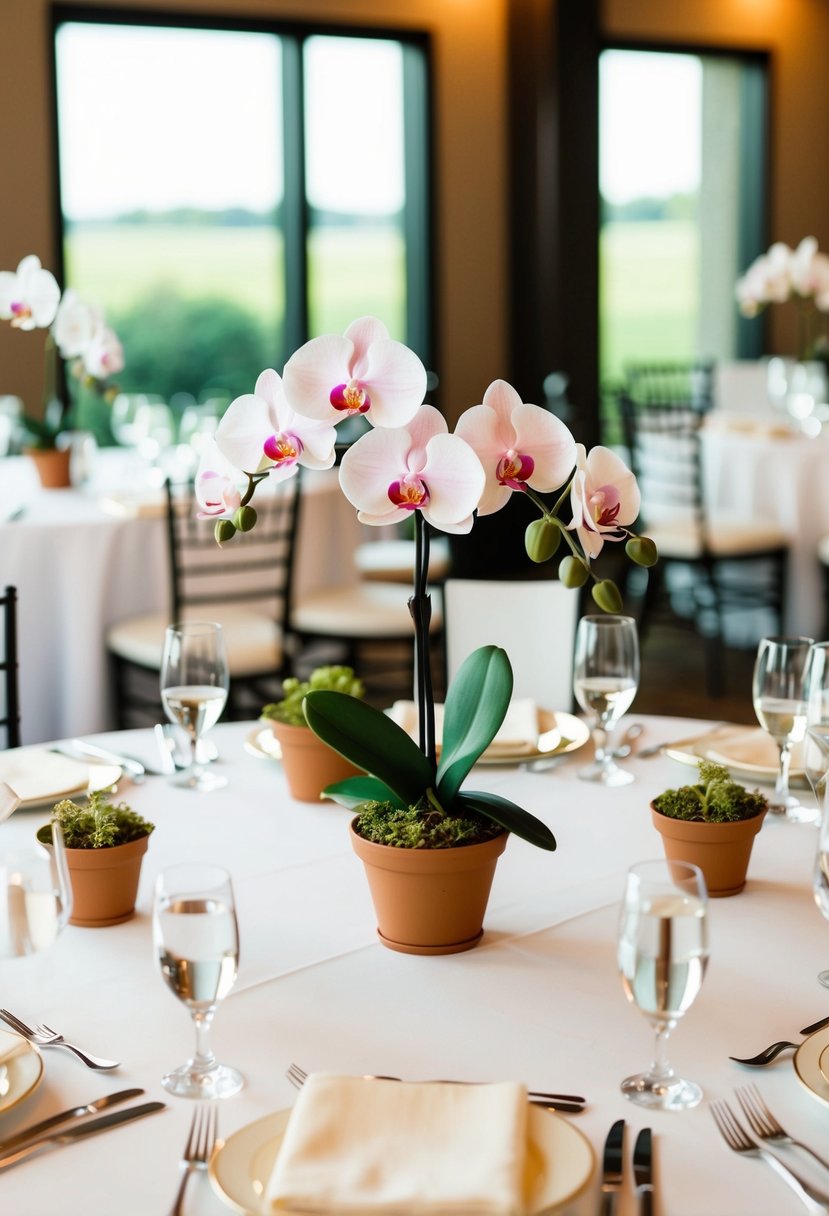 Small orchid pots arranged at each place setting on a wedding reception table