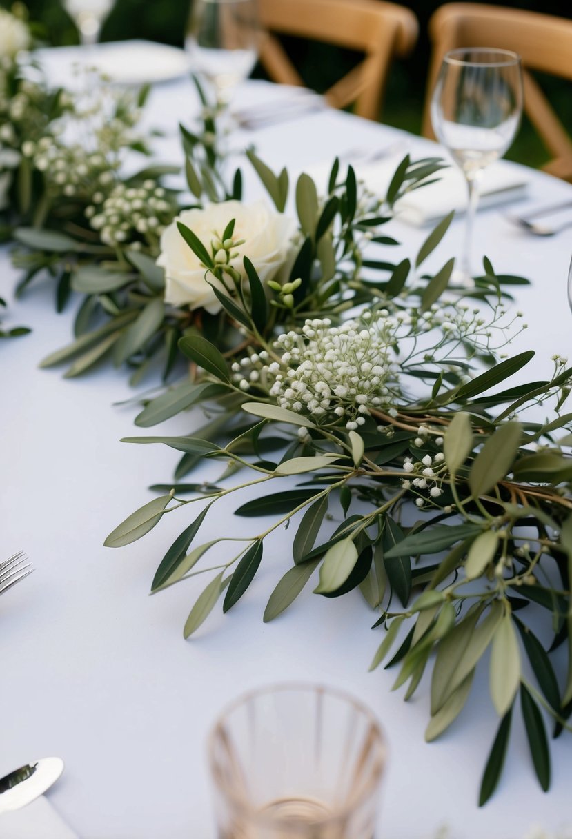 Olive branches and baby's breath intertwined on a wedding table, creating a soft and natural centerpiece