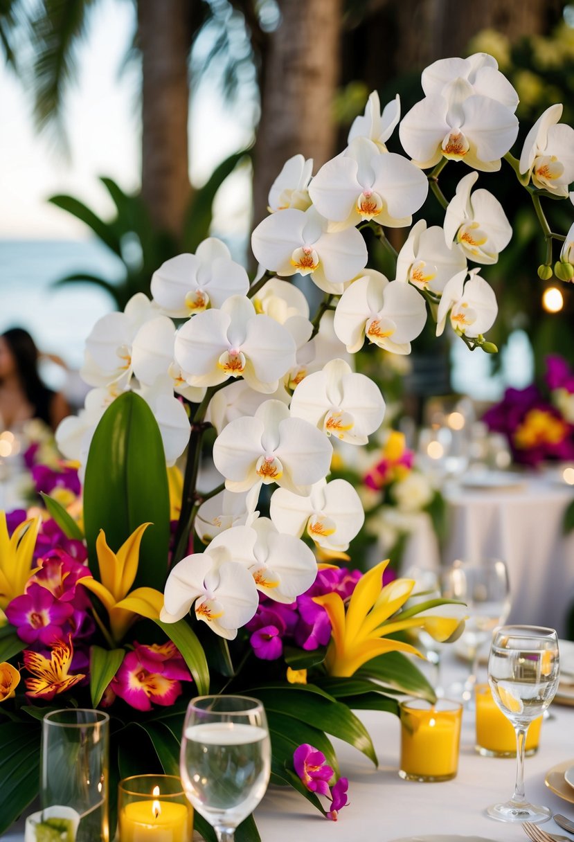 Lush orchids intertwined with vibrant tropical blooms adorn a wedding table, creating an exotic and luxurious atmosphere