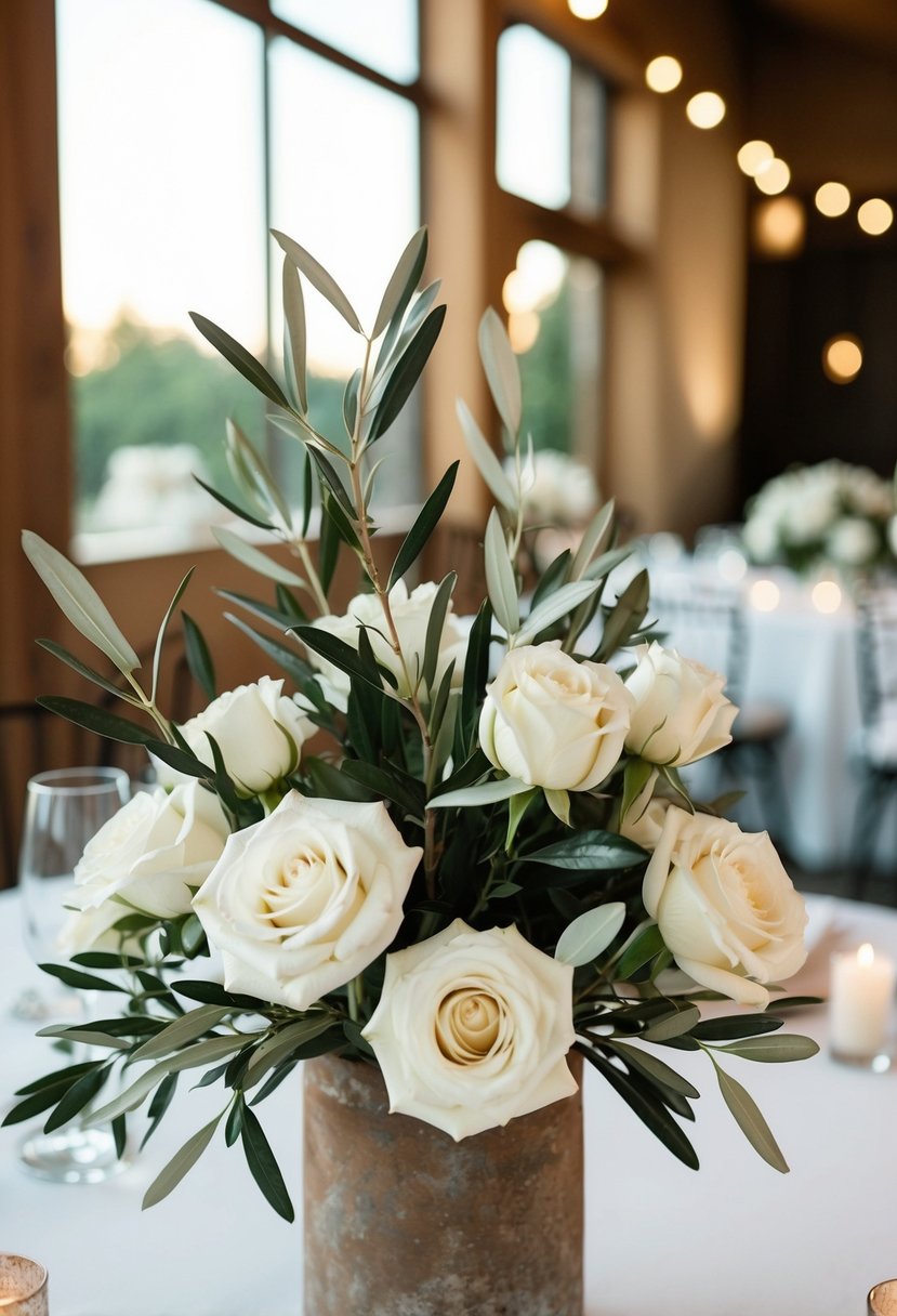 Olive branches and white roses arranged in a rustic vase on a wedding reception table