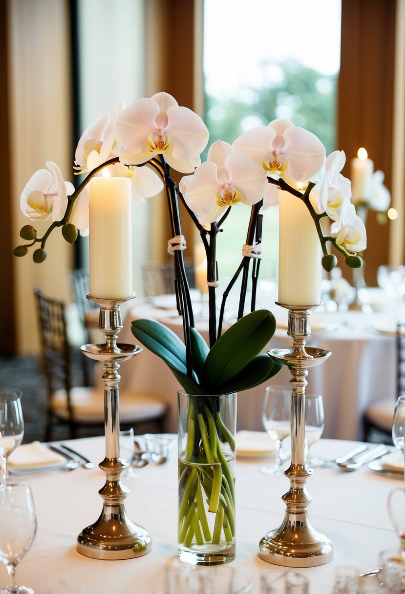 Orchid stems entwined around candelabras on a wedding table