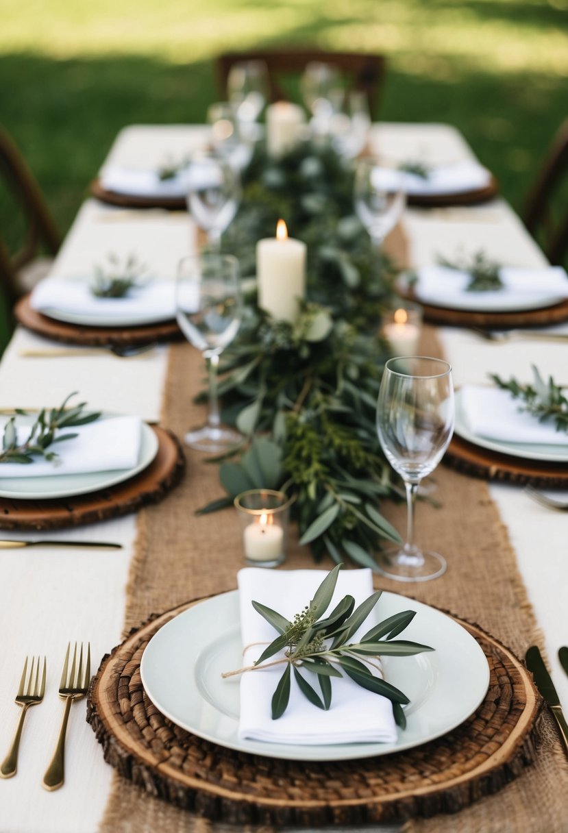 A rustic wedding table set with olive branch napkin rings and greenery centerpieces