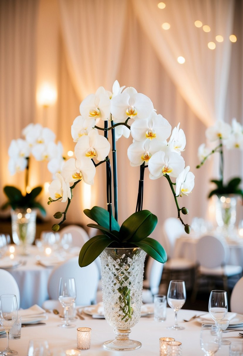 Crystal vases hold sparkling orchid arrangements on wedding tables