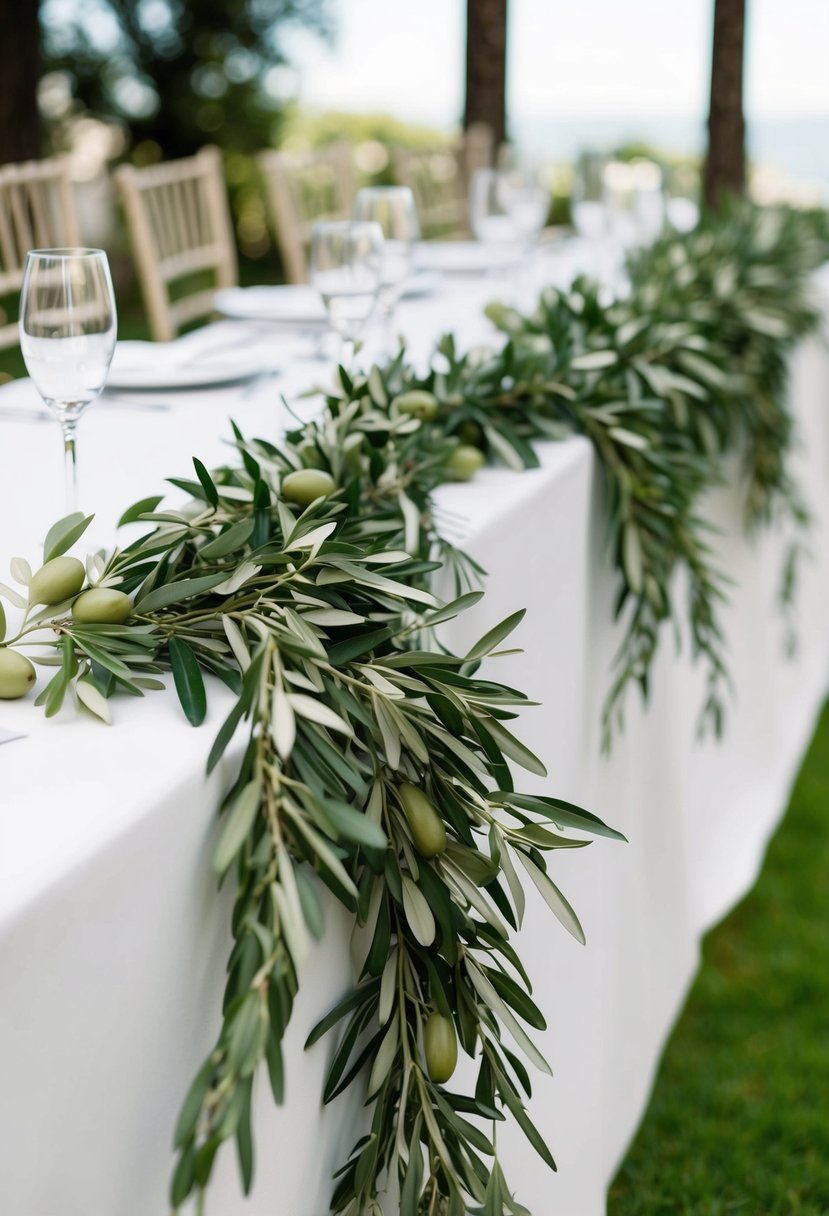 Olive garlands cascade along the edges of a wedding table, adding a natural and elegant touch to the decor