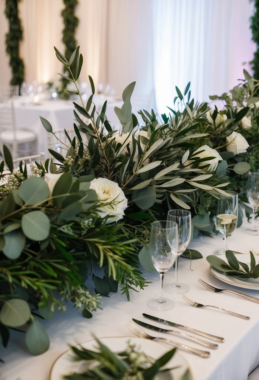 A lush arrangement of olive branches and eucalyptus adorns a wedding table, creating a varied and elegant display of greenery