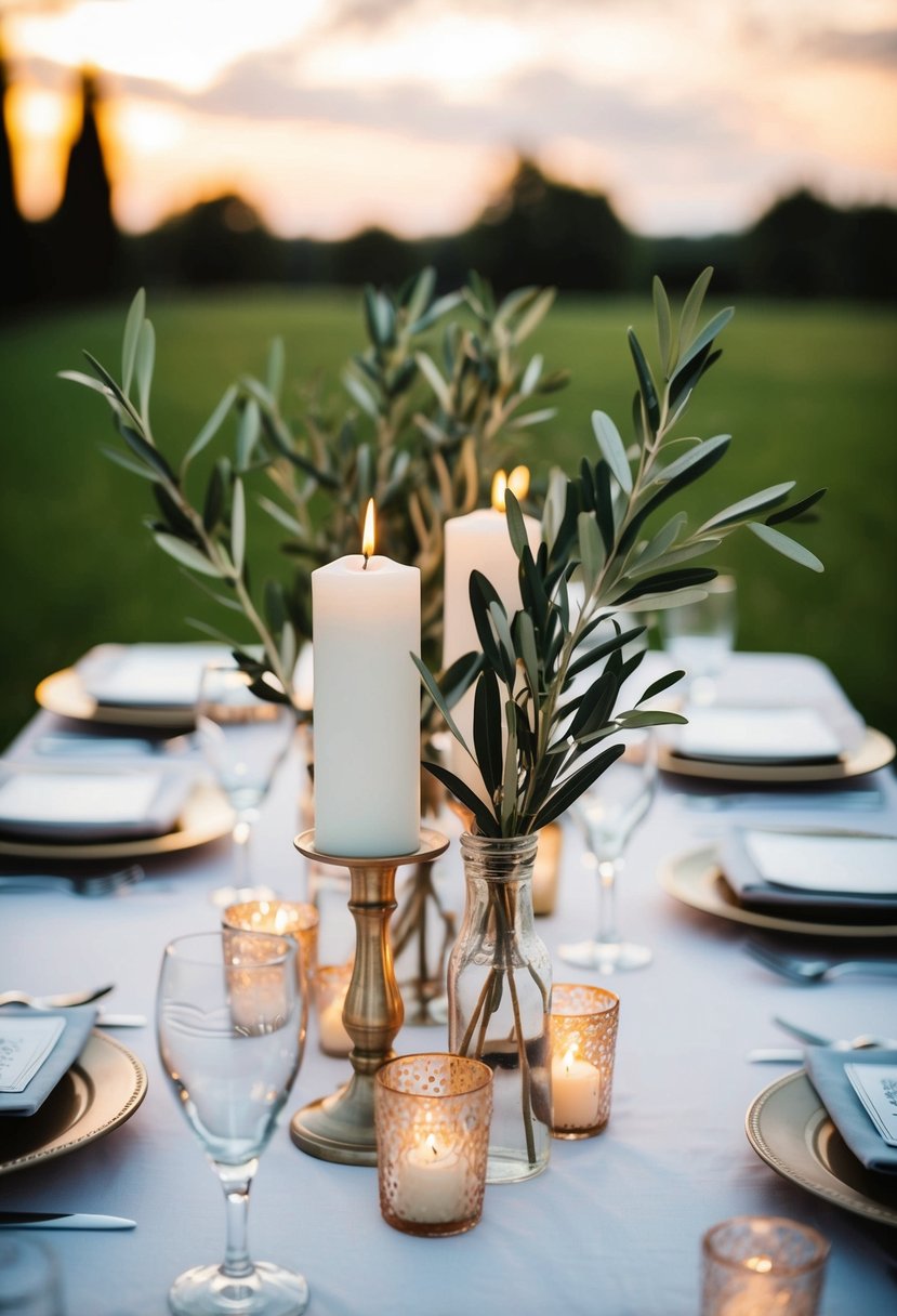 Olive branches draped around candle holders on a wedding table