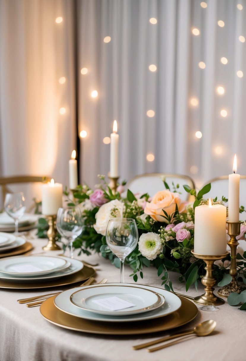 A beautifully arranged table with elegant dinnerware, fresh flowers, and decorative candles, set against a backdrop of soft lighting and a tasteful tablecloth