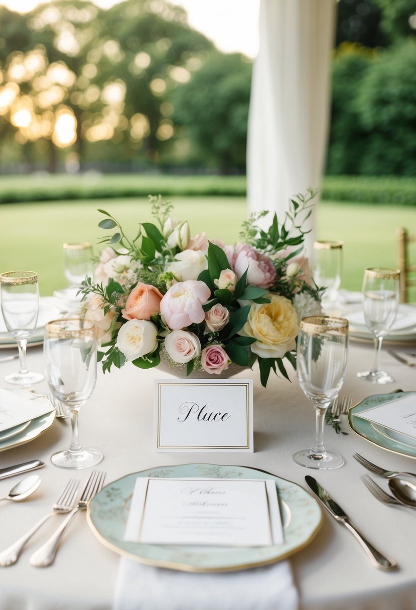 Elegant place cards arranged on a table with floral centerpieces and fine china