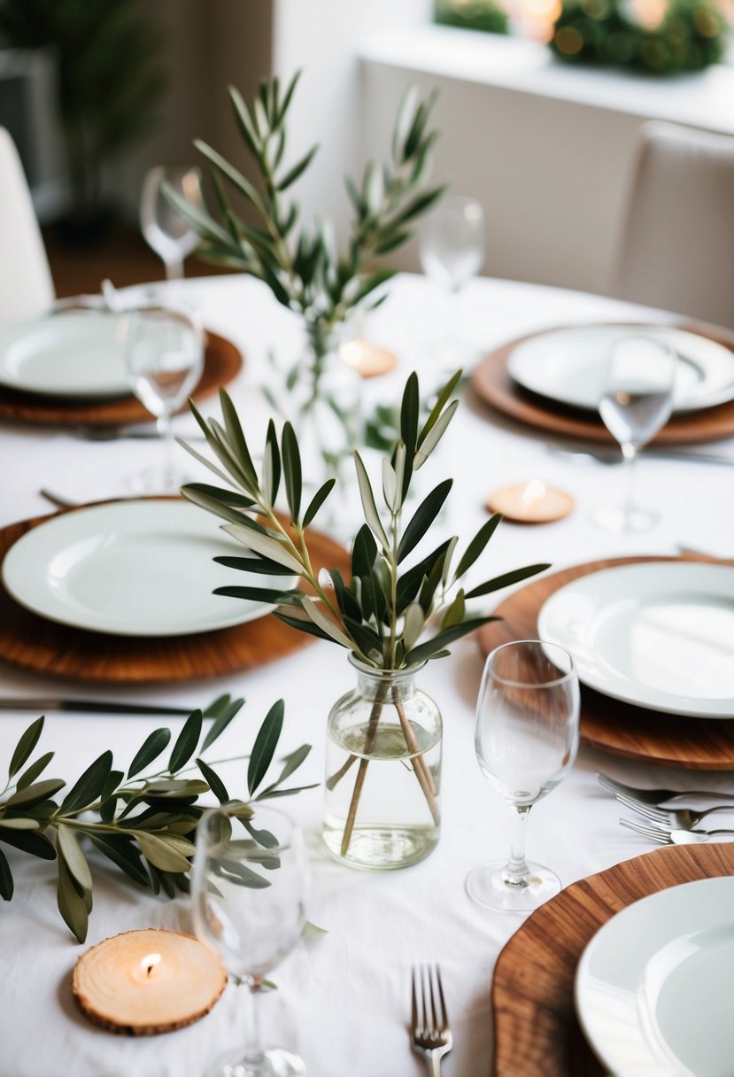 Olive branches arranged on white table settings