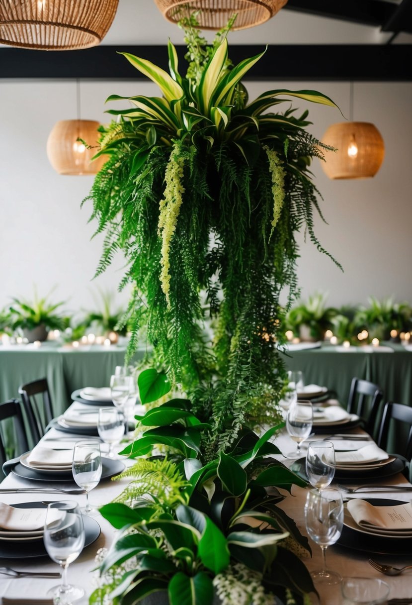 A cascading centerpiece of lush houseplants adorns a stylish table setting, creating an artistic and natural focal point