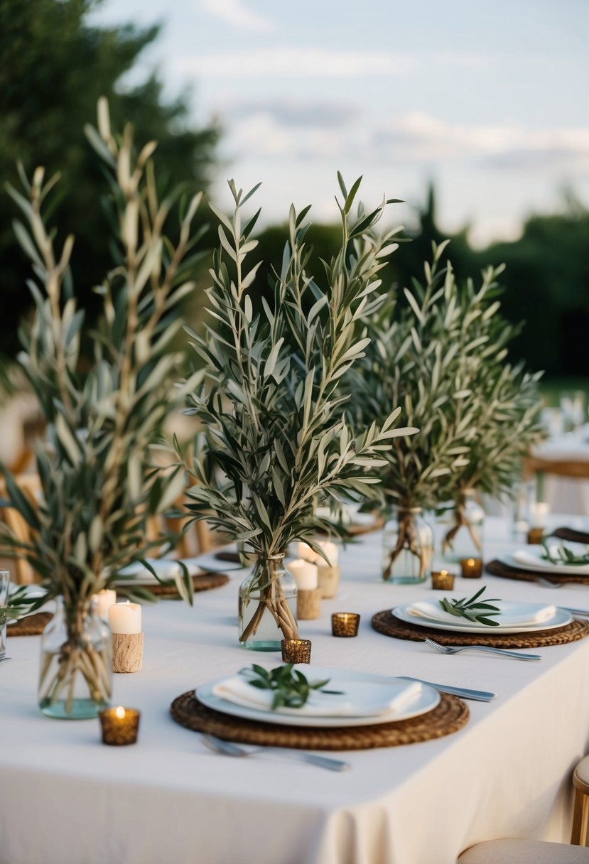 Olive branches arranged on tablecloths, creating natural wedding decor