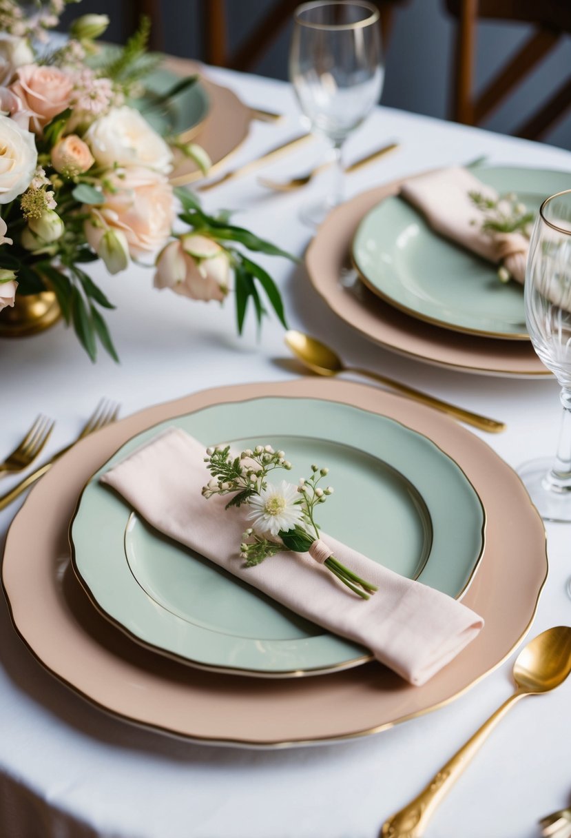 A vintage-inspired table setting with muted pastel plates, gold cutlery, and delicate floral centerpieces