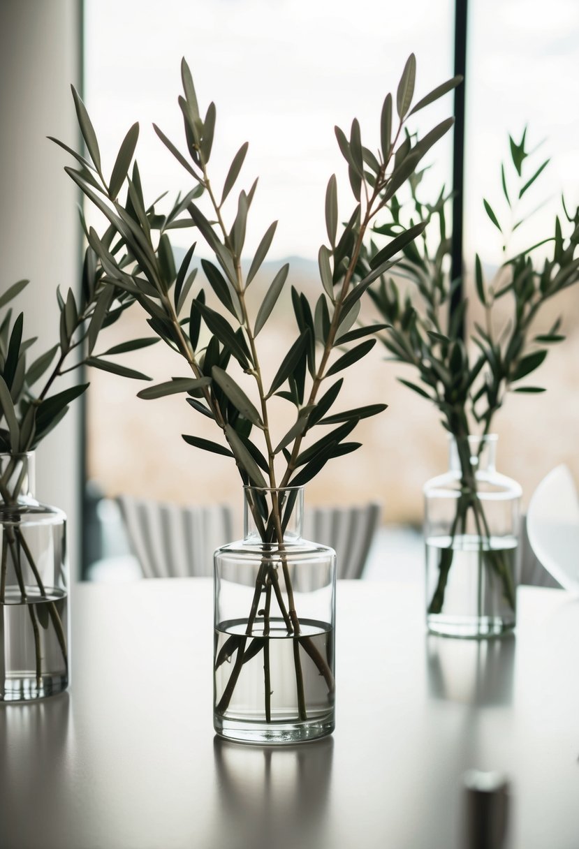 Olive branches in clear vases arranged on a sleek table for a minimalist wedding decor