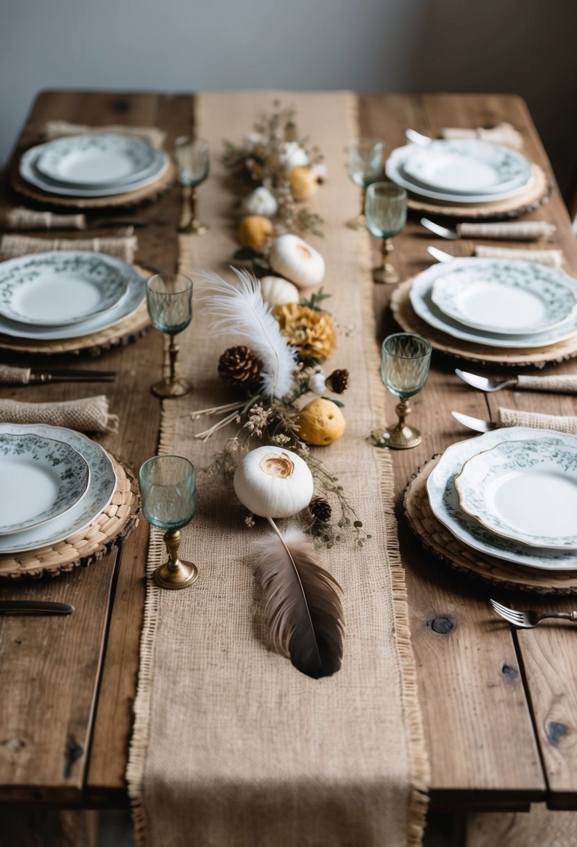 A rustic wooden table adorned with a burlap runner, vintage china, and textured linen napkins, accented with natural elements like feathers and dried flowers