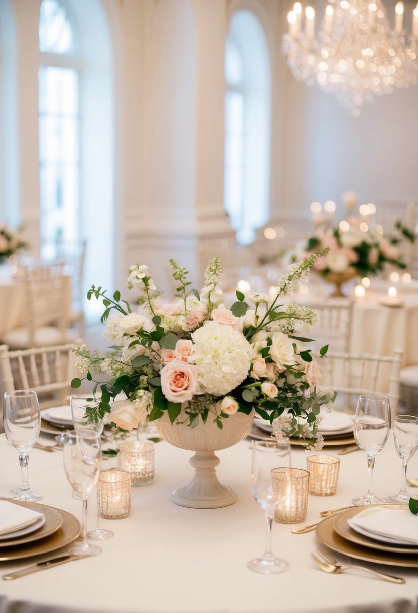 An elegant ivory table adorned with delicate floral centerpieces and sparkling candle holders