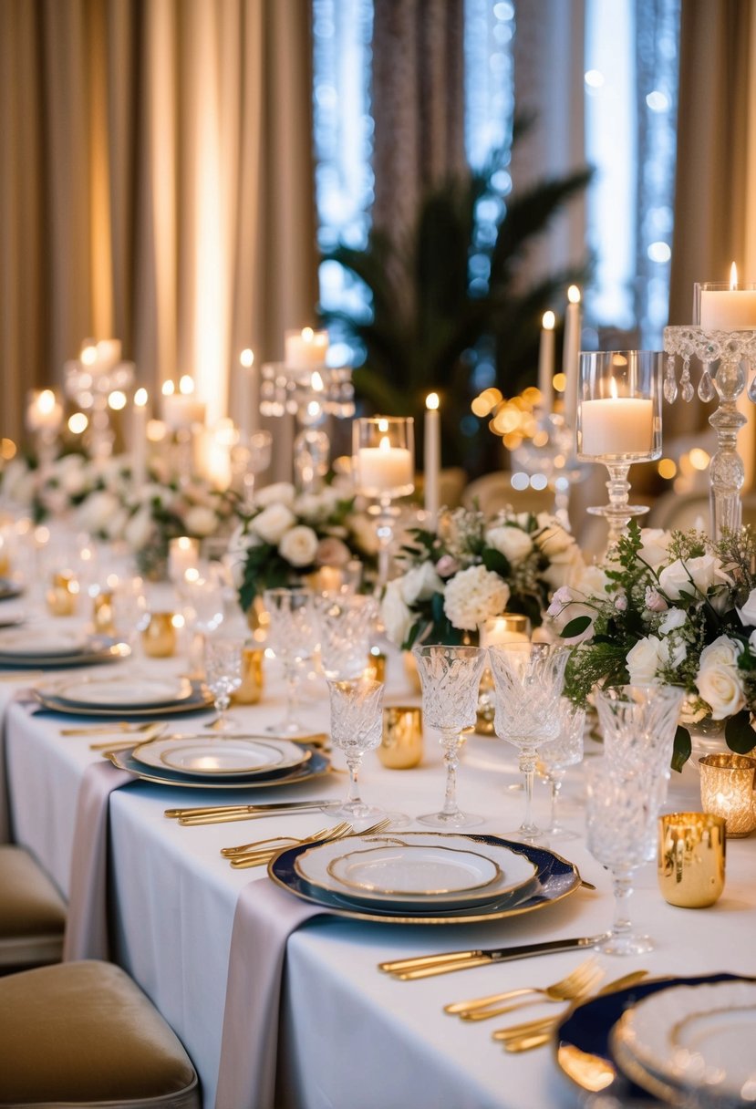 A lavish table adorned with elegant dinnerware, crystal glassware, and ornate centerpieces, set against a backdrop of luxurious fabrics and flickering candlelight