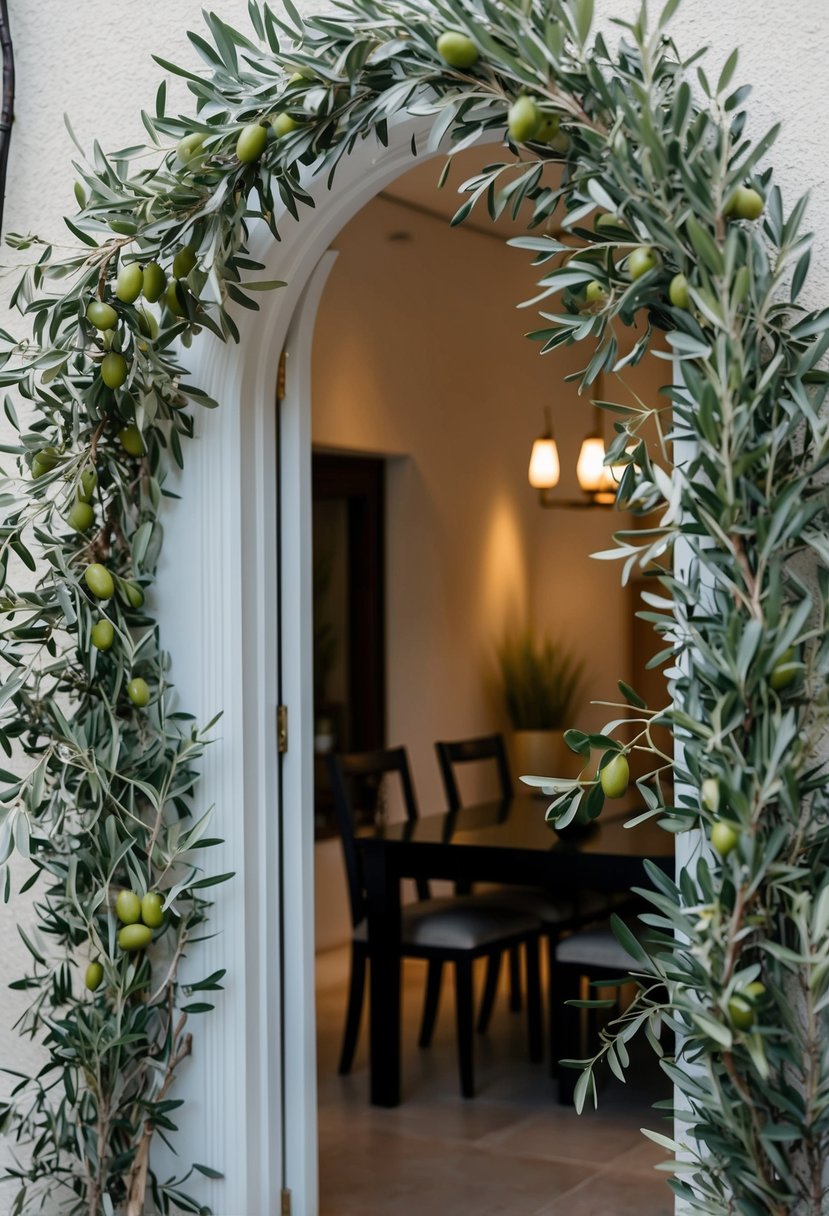 An archway of intertwined olive branches frames the entrance to the dining area, with delicate green leaves and small olives hanging from the branches