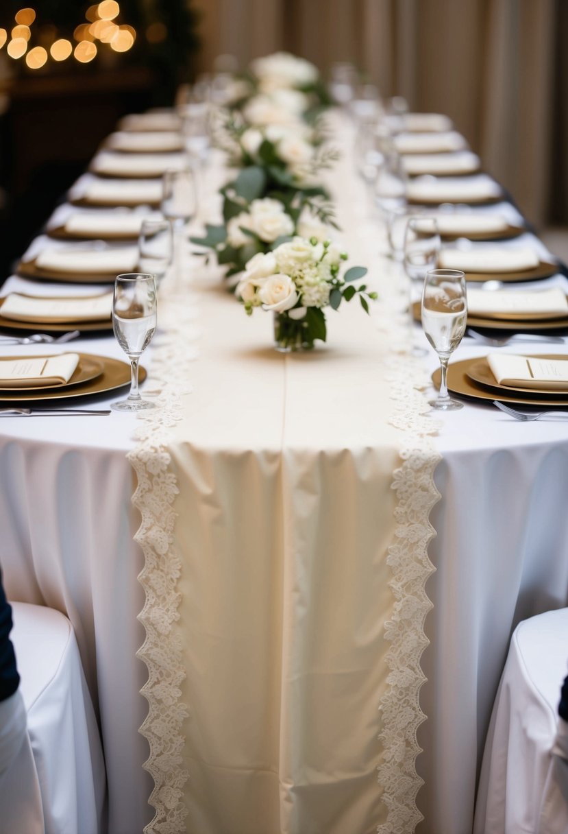 Elegant ivory table runners with lace accents adorn a wedding reception table