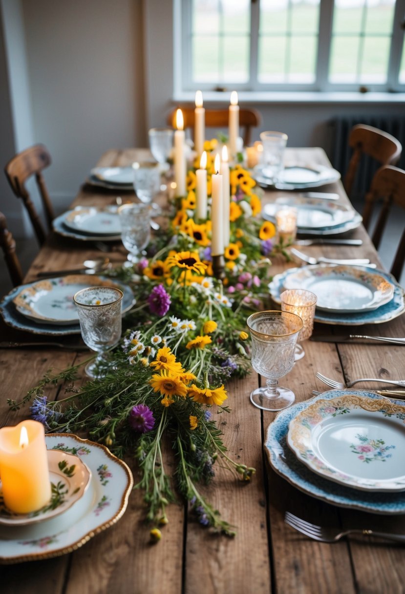 A rustic wooden table adorned with wildflowers, mismatched vintage china, and flickering candles creates an inviting and artistic table setting