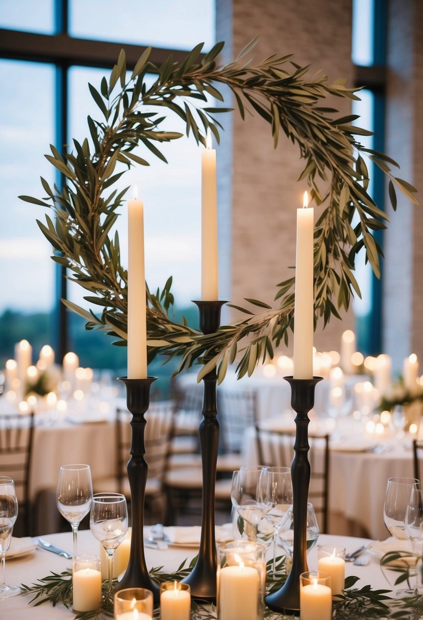 Olive branches encircle tall candlesticks, creating elegant wedding table decor