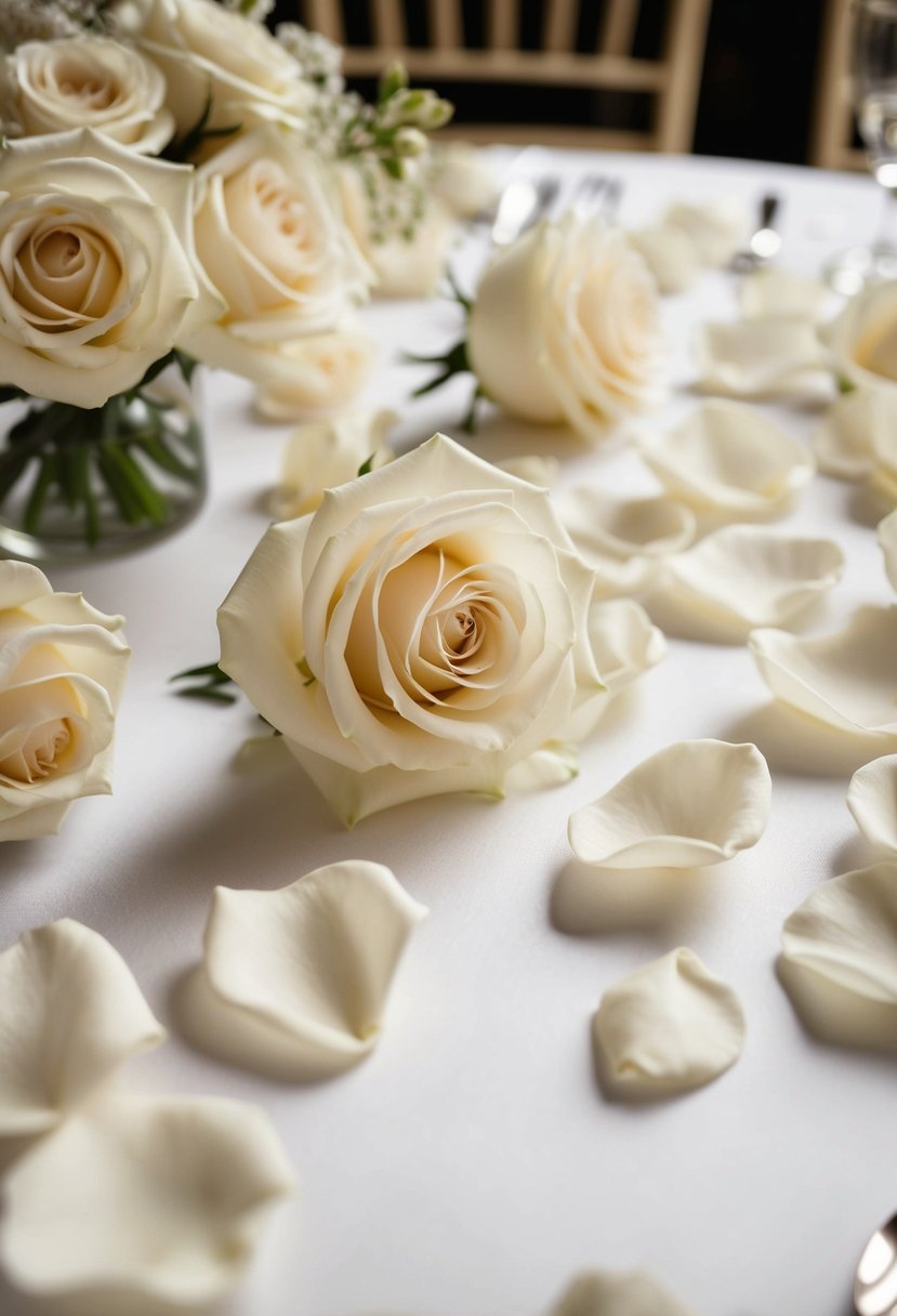 Ivory silk rose petals scattered on a wedding table, creating a romantic and elegant decoration