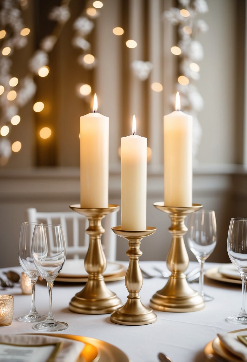 Gold and ivory candle holders arranged on a wedding table, surrounded by delicate ivory decorations