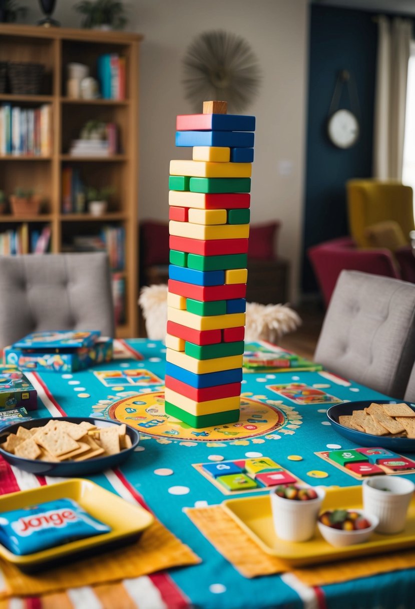 A cozy living room table is adorned with a colorful tablecloth, surrounded by board games and snacks. A Jenga tower stands tall as the focal point of the setup