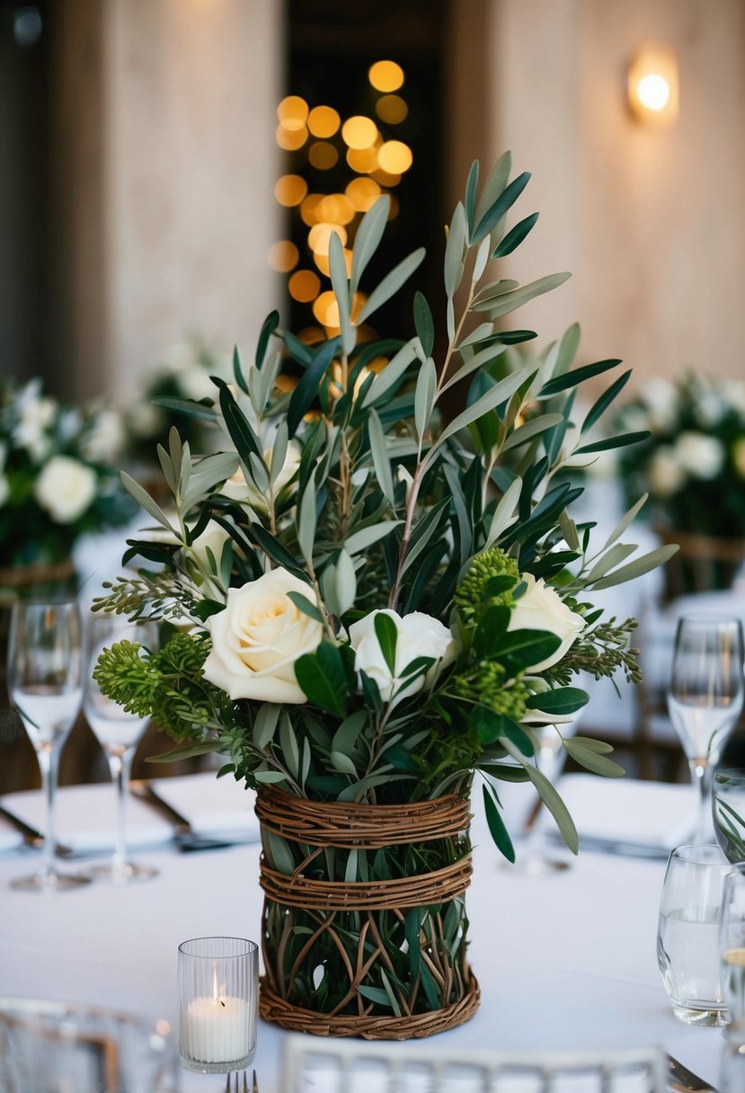 Olive branches woven into lush floral centerpieces for wedding tables