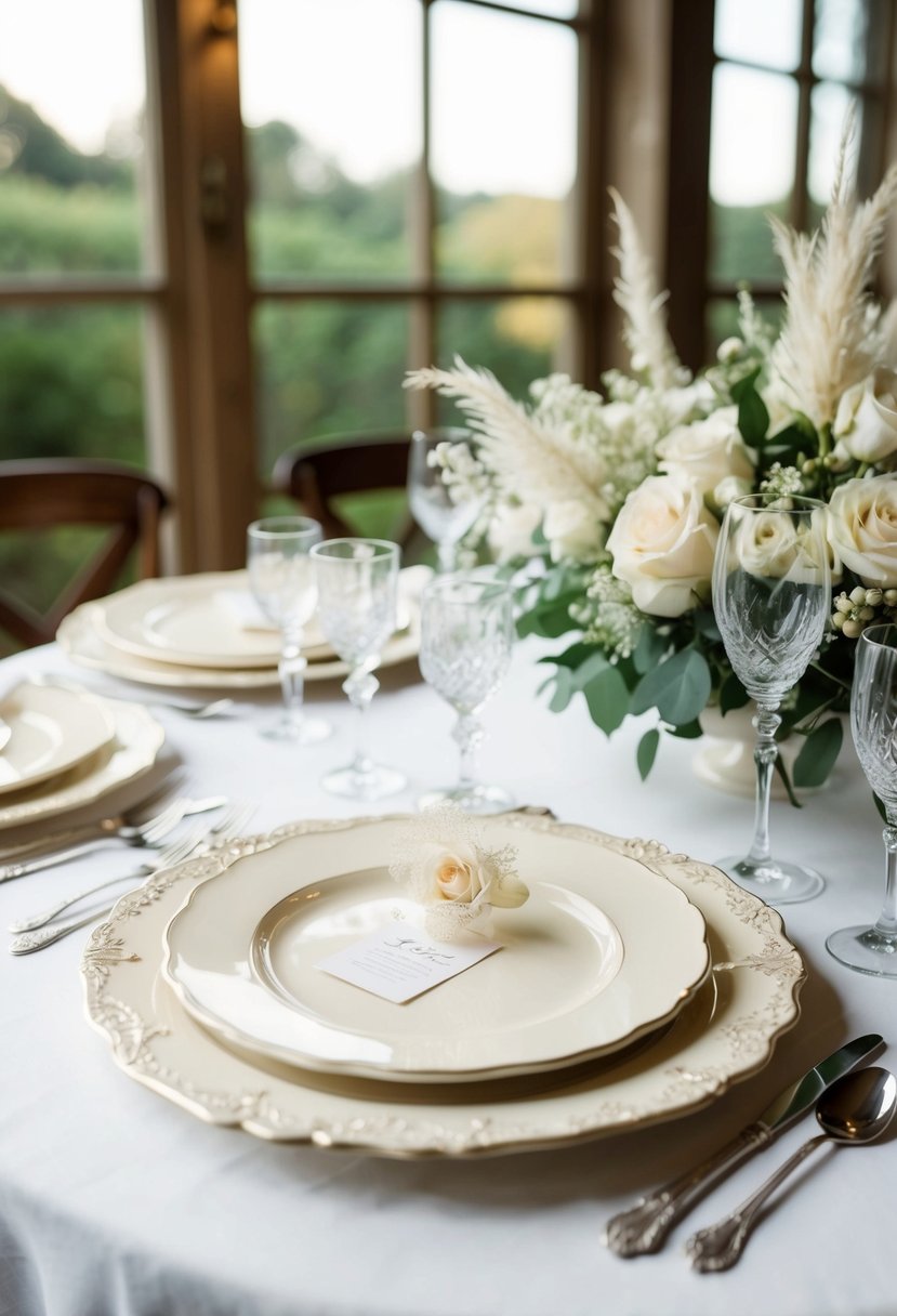 A table set with antique ivory china plates, adorned with delicate ivory wedding decorations