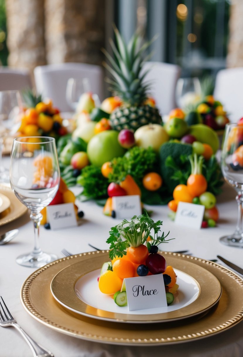 A beautifully set table with edible place cards made from delicate, colorful fruits and vegetables arranged in an artistic and elegant manner