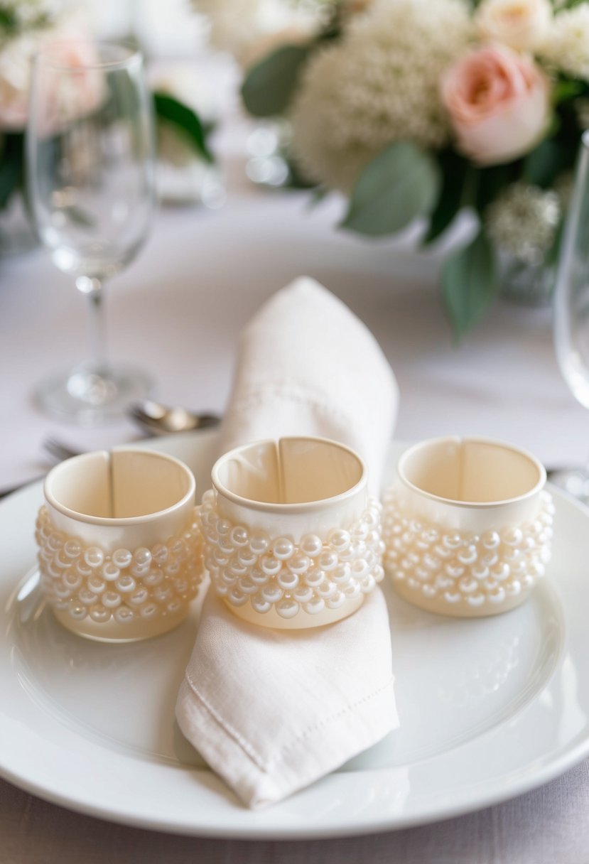 Elegant ivory pearl napkin rings arranged on a wedding table with delicate floral decorations