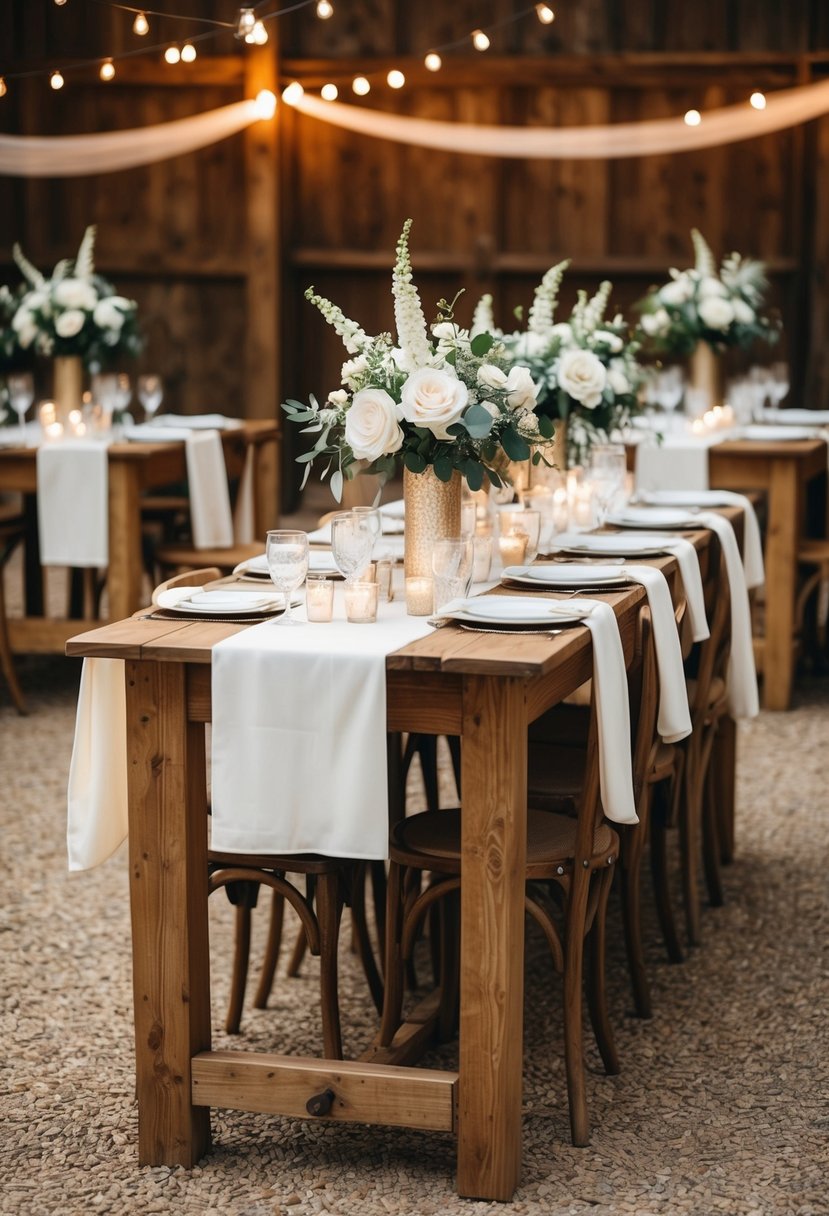 Rustic wooden tables adorned with ivory tablecloths and elegant wedding decorations