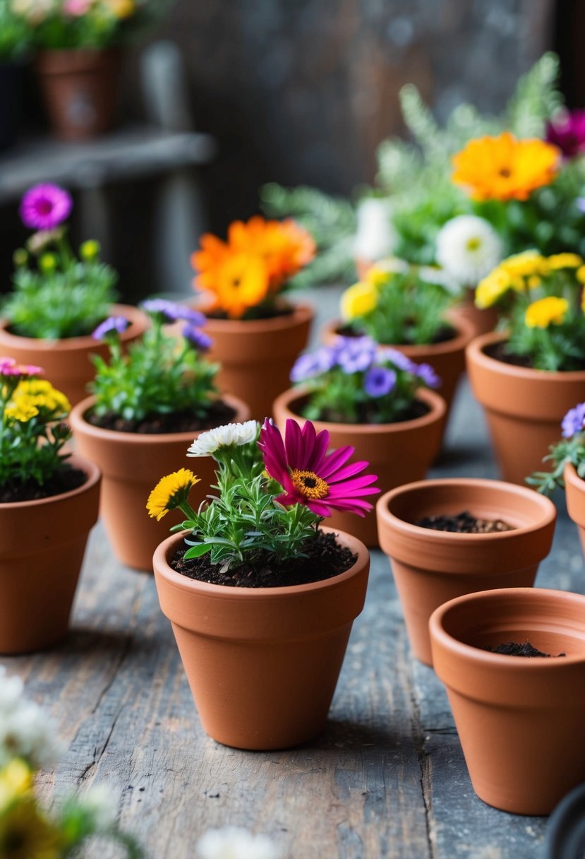 Mini terracotta pots arranged on a rustic table with colorful flowers and greenery