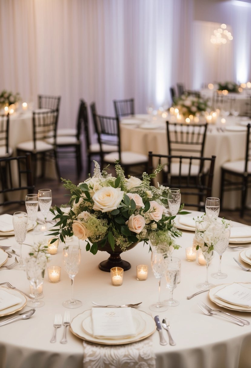 Ivory embroidered table linens arranged elegantly on a wedding reception table, with delicate floral centerpieces and candlelight creating a romantic atmosphere