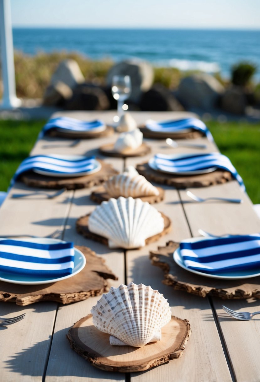 A table set with driftwood placemats, seashell centerpieces, and blue and white striped napkins, with a view of the ocean in the background