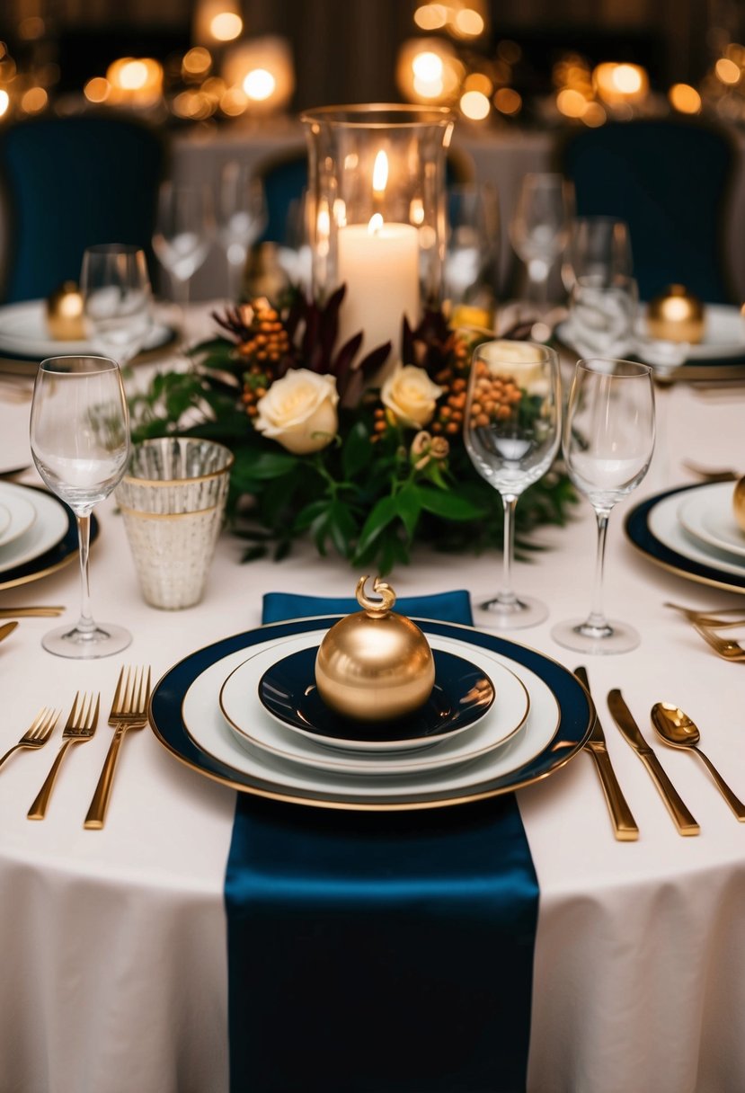 A table set with luxe linen, elegant dinnerware, and artistic centerpieces