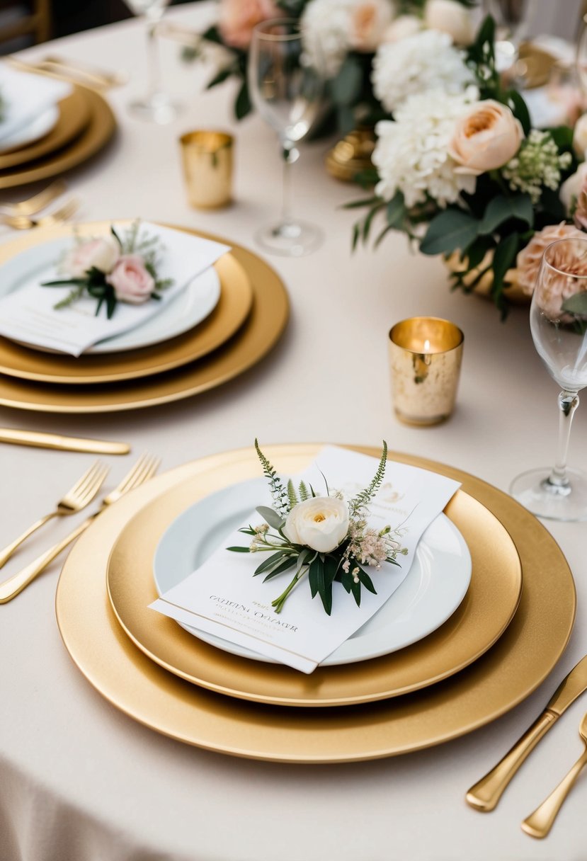 Golden charger plates arranged on ivory tablecloth, adorned with delicate floral centerpieces