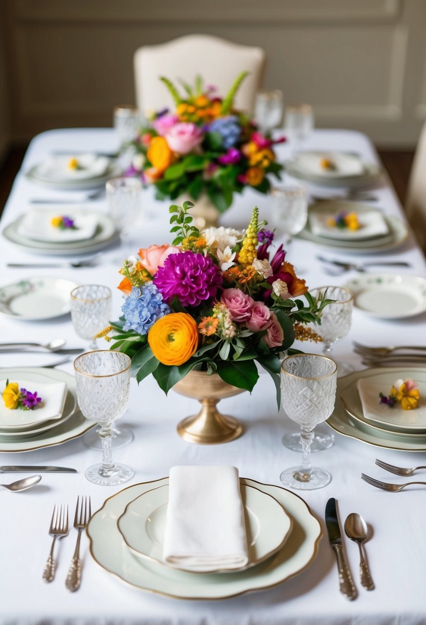 A table with a white tablecloth adorned with colorful floral centerpieces, delicate porcelain dishes, and elegant silverware