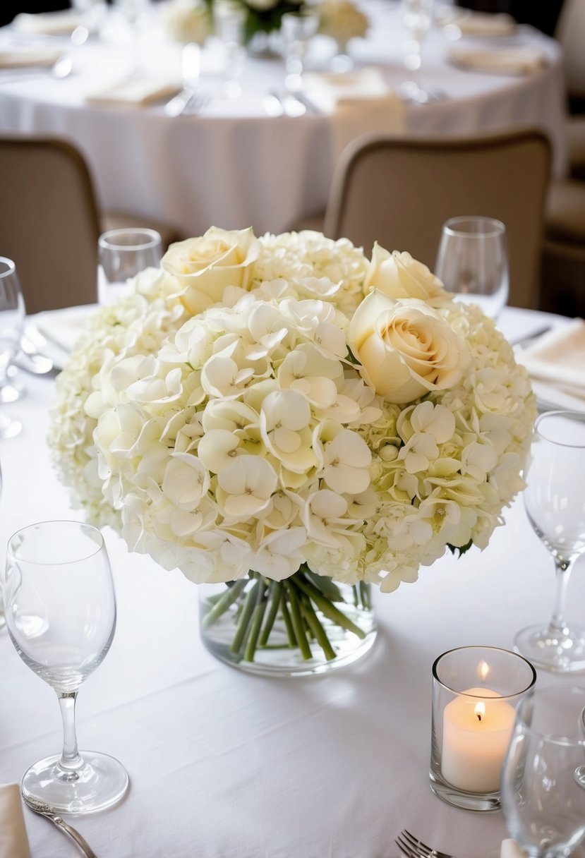 A table set with white hydrangea and ivory rose centerpieces for a wedding decoration